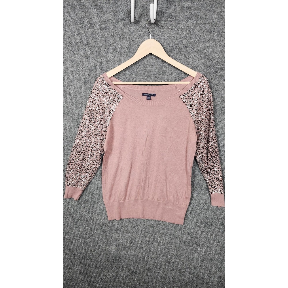 American Eagle‎ Outfitters Sweater Womens Large Pink Sequin Mesh Sleeve Pullover